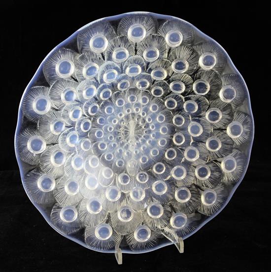 A René Lalique Plumes de Paon pattern opalescent glass dish, diameter 30.5cm